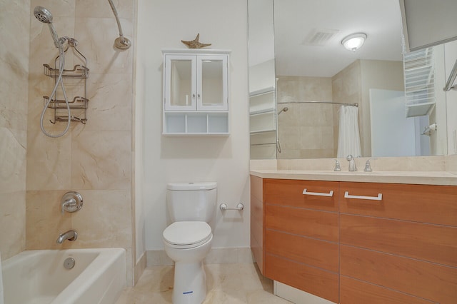 full bathroom featuring tile patterned floors, vanity, toilet, and shower / bathtub combination with curtain