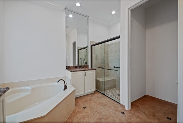 bathroom with ornamental molding, vanity, tile patterned flooring, and separate shower and tub