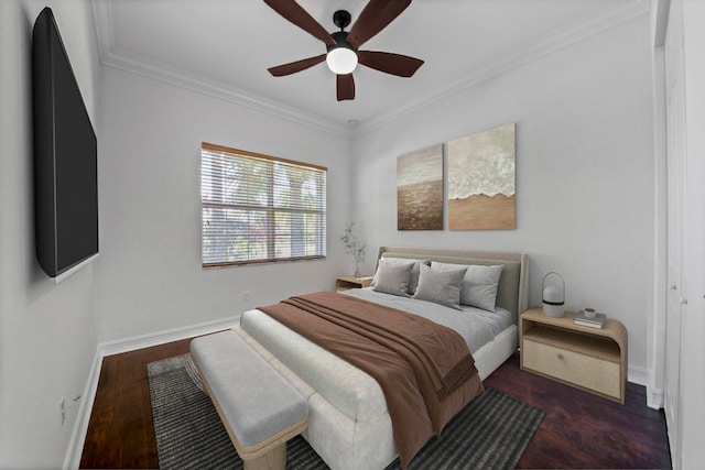 bedroom with ornamental molding, ceiling fan, and dark hardwood / wood-style floors