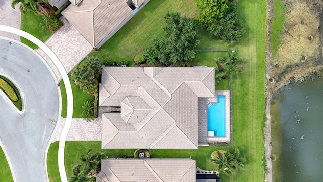 drone / aerial view featuring a water view