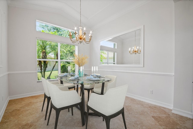 dining area featuring crown molding, vaulted ceiling, and an inviting chandelier