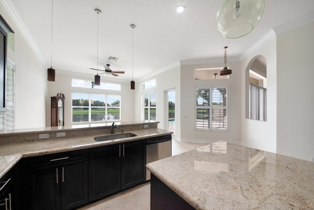 kitchen with ceiling fan, crown molding, a wealth of natural light, and sink