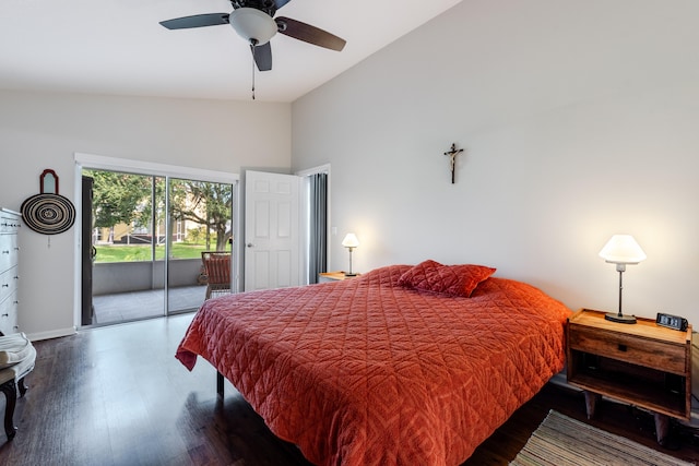 bedroom with ceiling fan, hardwood / wood-style flooring, high vaulted ceiling, and access to exterior