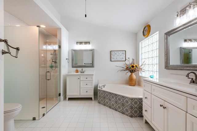 full bathroom featuring lofted ceiling, plus walk in shower, toilet, tile patterned flooring, and vanity