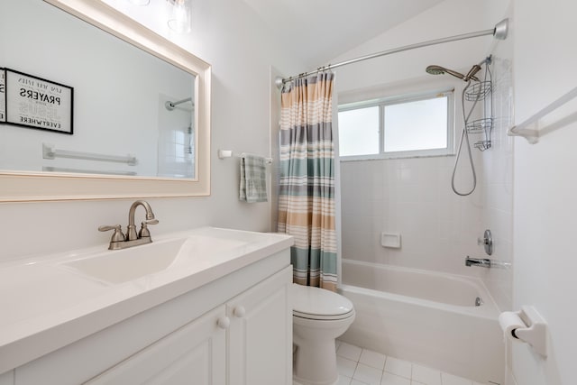 full bathroom with tile patterned floors, toilet, shower / tub combo, vaulted ceiling, and vanity