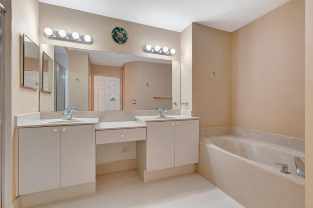 bathroom featuring vanity, shower with separate bathtub, and tile patterned floors