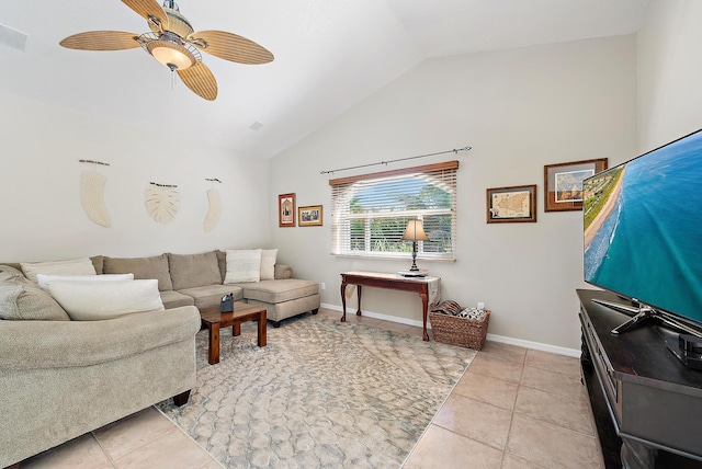 living room featuring light tile patterned floors, ceiling fan, and lofted ceiling