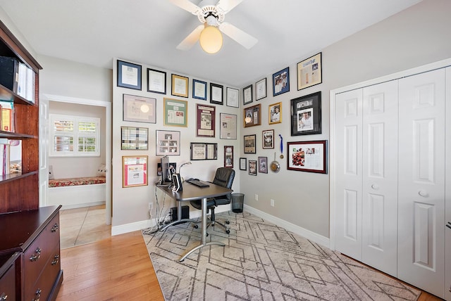 office area featuring ceiling fan and light hardwood / wood-style flooring