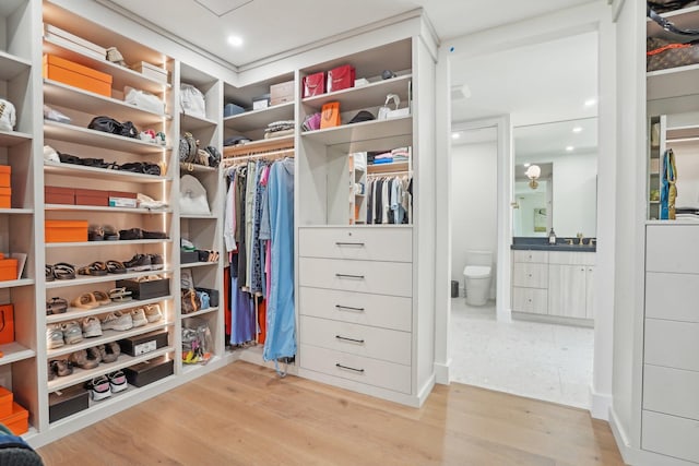 walk in closet with light wood-type flooring