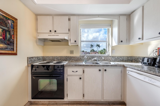 kitchen with white cabinets, sink, electric range, and white dishwasher