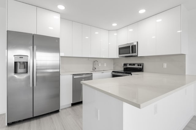 kitchen featuring sink, tasteful backsplash, kitchen peninsula, stainless steel appliances, and white cabinets