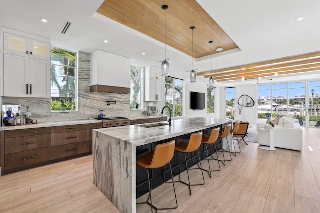 kitchen with sink, white cabinets, an island with sink, and plenty of natural light