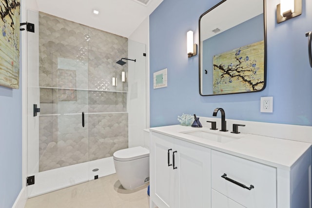 bathroom featuring toilet, walk in shower, vanity, and tile patterned floors