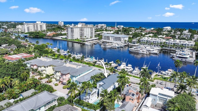 aerial view featuring a water view