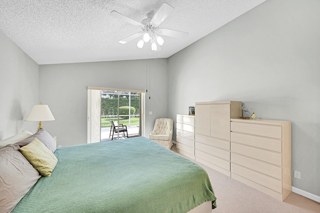 carpeted bedroom with ceiling fan, a textured ceiling, access to outside, and lofted ceiling