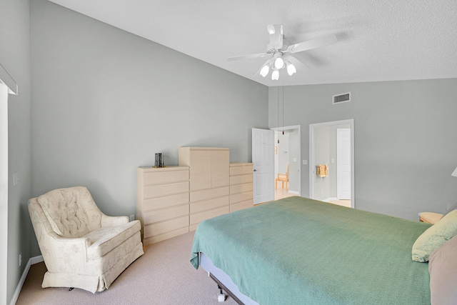 carpeted bedroom featuring ceiling fan, high vaulted ceiling, and a textured ceiling