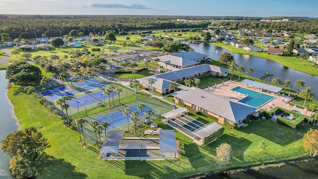 drone / aerial view with a water view