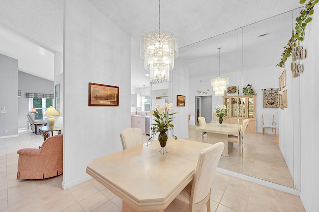 dining space with a textured ceiling, high vaulted ceiling, and light tile patterned floors