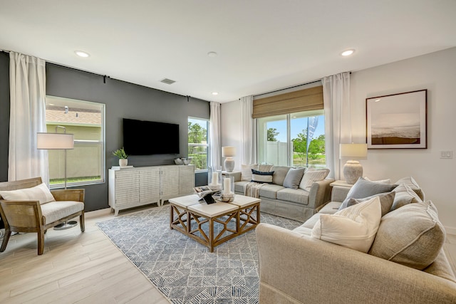 living room featuring light hardwood / wood-style floors and a healthy amount of sunlight