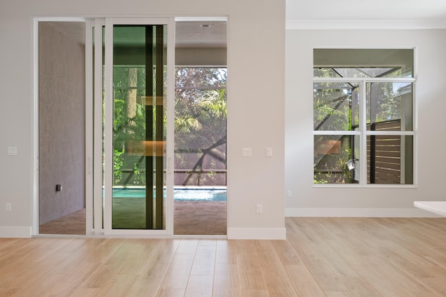 entryway featuring crown molding, light hardwood / wood-style flooring, and a healthy amount of sunlight