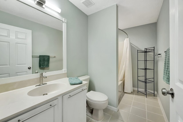 full bathroom featuring vanity, shower / bath combination with curtain, toilet, and tile patterned flooring