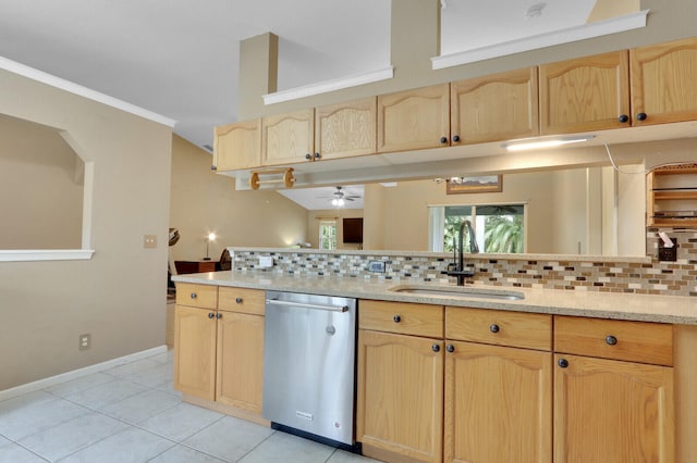 kitchen featuring light brown cabinets, backsplash, sink, stainless steel dishwasher, and ceiling fan