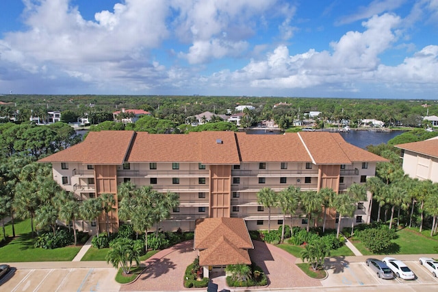 drone / aerial view with a water view