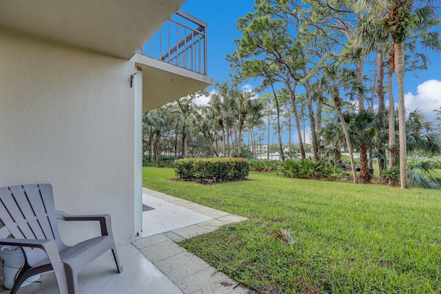 view of yard featuring a balcony and a patio area