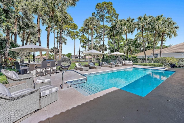 view of swimming pool featuring a fenced in pool, a patio area, and fence