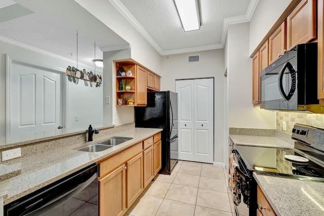 kitchen with open shelves, visible vents, a sink, light stone countertops, and black appliances