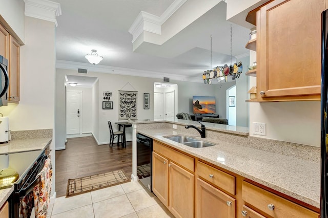 kitchen featuring crown molding, visible vents, open shelves, and a sink