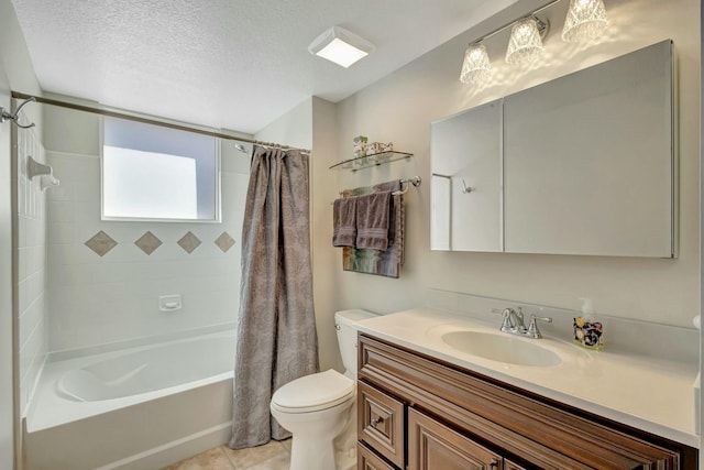 full bath featuring toilet, tile patterned floors, shower / bath combination with curtain, vanity, and a textured ceiling