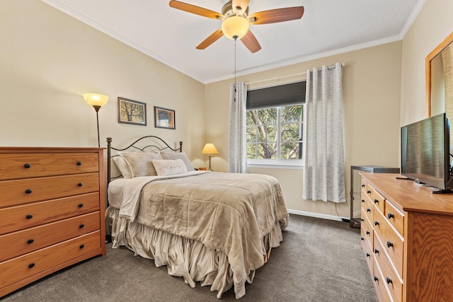 bedroom featuring baseboards, ceiling fan, dark carpet, and crown molding