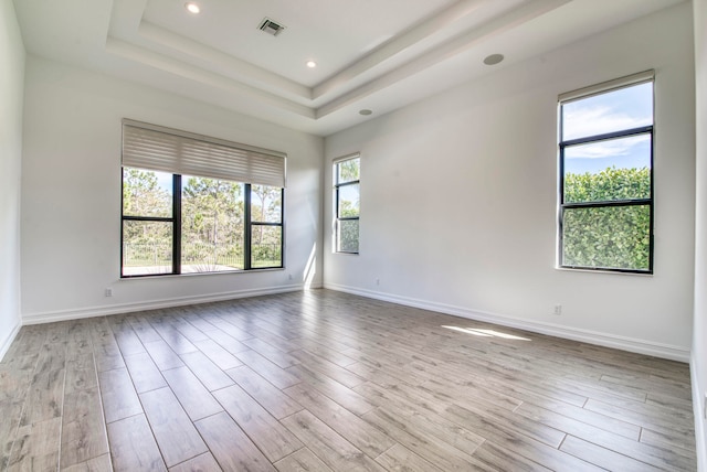 unfurnished room with a raised ceiling and light hardwood / wood-style flooring