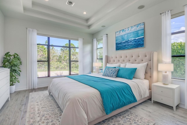 bedroom featuring multiple windows, a raised ceiling, and light wood-type flooring