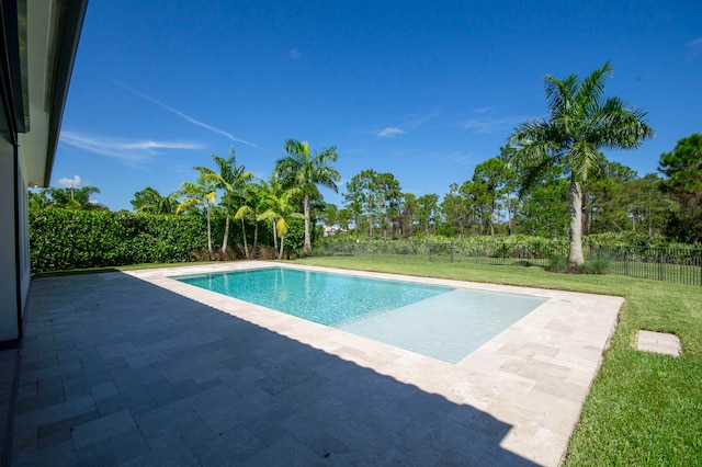 view of pool with a patio area and a yard