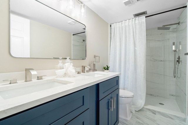 full bathroom with shower / bath combination with curtain, toilet, and vanity