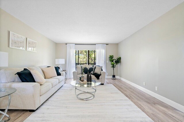 living room featuring a textured ceiling and light hardwood / wood-style flooring