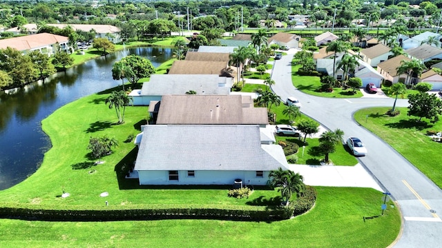 drone / aerial view featuring a water view