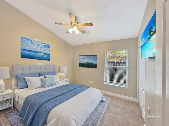 1051 Park Hill Dr, West Palm Beach, FL 33417 - bedroom featuring a closet, baseboards, a ceiling fan, lofted ceiling, and carpet