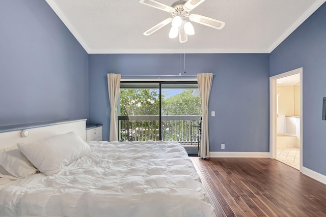 bedroom with dark hardwood / wood-style floors, access to outside, ensuite bath, ornamental molding, and ceiling fan