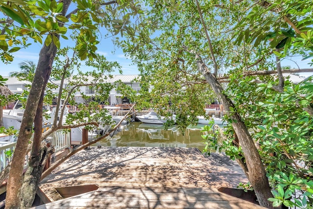 view of patio with a water view and a boat dock