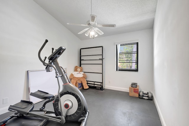 exercise room with ceiling fan, a textured ceiling, and lofted ceiling