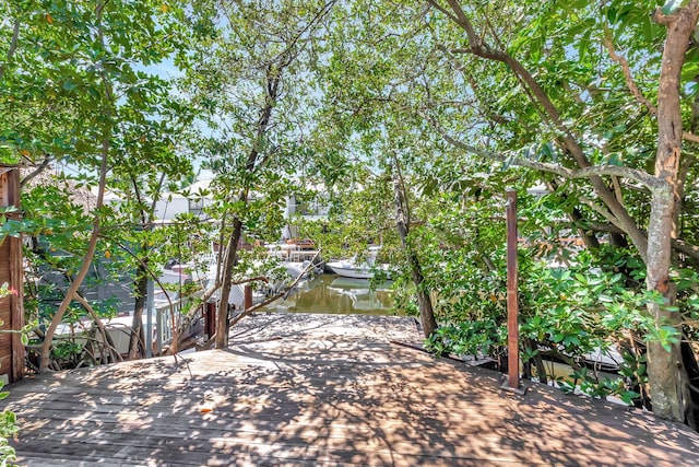 exterior space with a water view and a dock