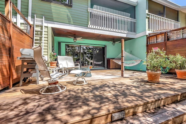 view of patio / terrace featuring ceiling fan and a balcony