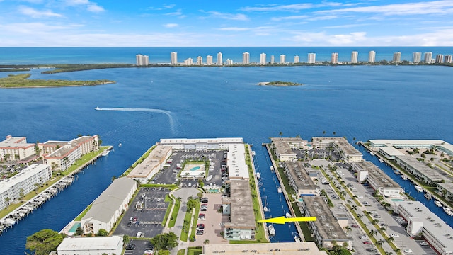 drone / aerial view featuring a water view