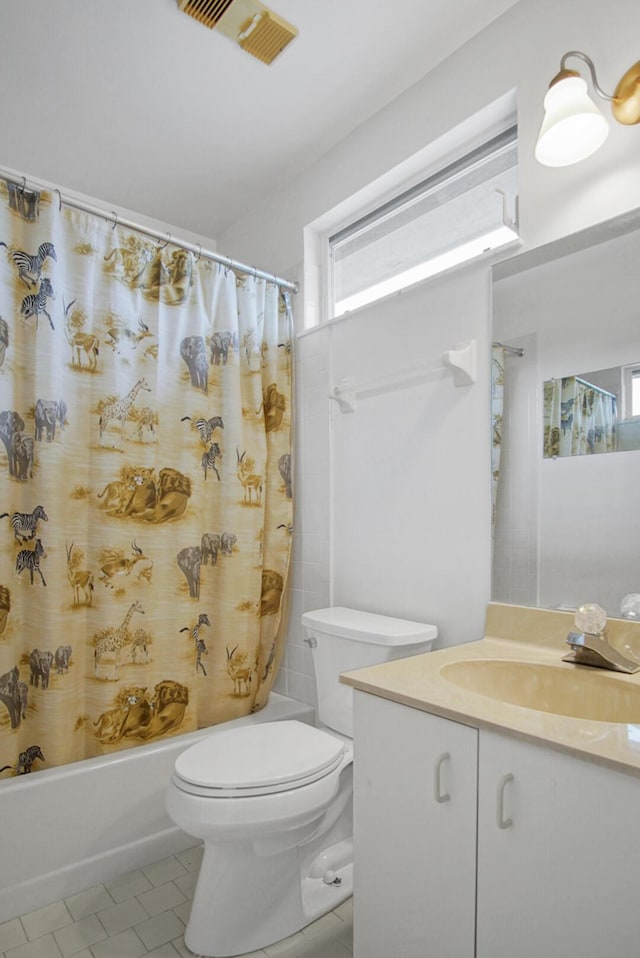 bathroom with vanity, shower / bathtub combination with curtain, toilet, tile patterned flooring, and visible vents