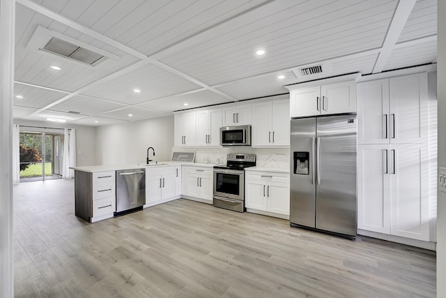 kitchen with wood ceiling, kitchen peninsula, white cabinetry, stainless steel appliances, and light hardwood / wood-style flooring