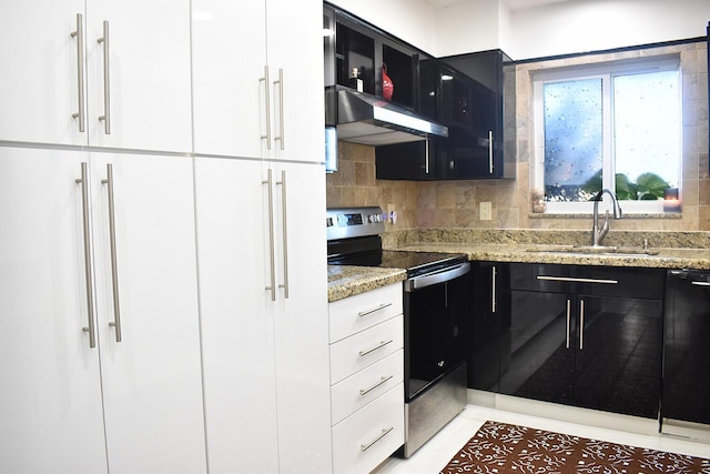 kitchen featuring sink, dishwasher, stainless steel electric stove, light stone countertops, and backsplash