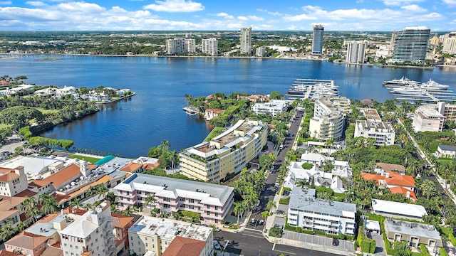 aerial view featuring a water view